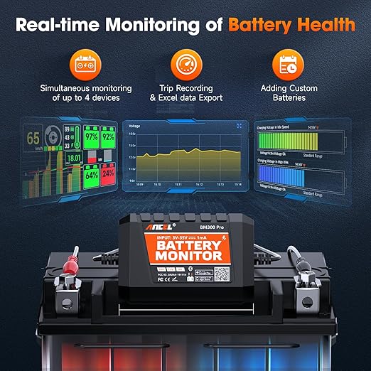 (Upgraded BM300) ANCEL BM300 Pro 6V 12V 24V Battery Monitor - Bluetooth 5.3 Battery Monitor with Charging, Cranking System Test & Alarm - IP67 Waterproof Voltmeter for Trucks, Cars, Motorcycles, Boats