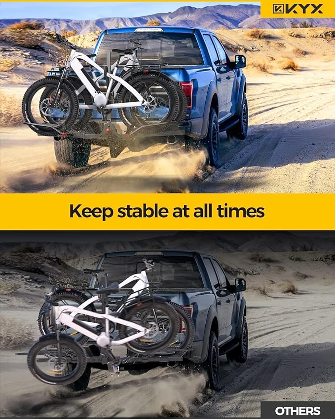 KYX 220 lb Hitch Mounted E-Bike Rack, 2-Bike Rack Hitch Mount Platform Style for Cars Trucks SUVs Minivans, fits MTB Gravel Road Bike with Up to 5-inch Fat Tire Carrier Rack - 2" Hitch Receiver