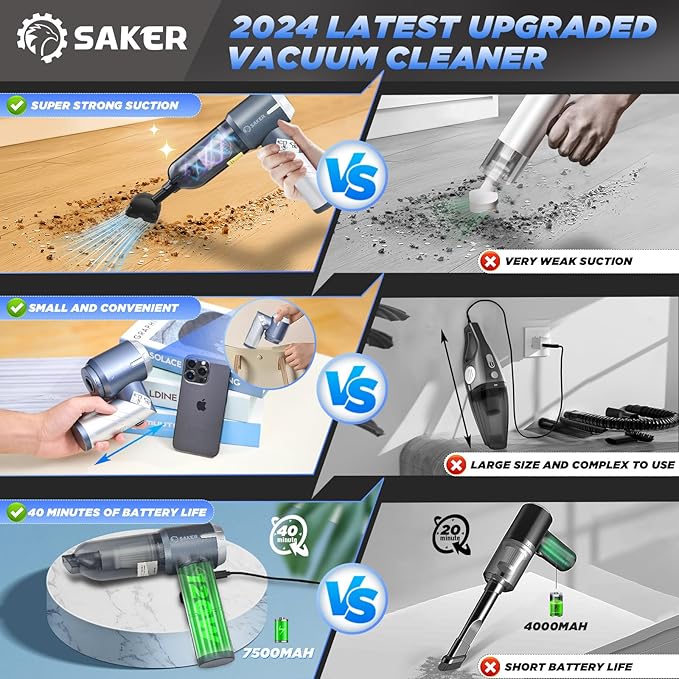 Saker Car Vacuum Cleaner 17000PA Foldable 3 in 1 Mini Handheld Car Vacuum Portable Cordless with Brushless Motor for Hair,Cars,Bedrooms,Offices Cleaning HL132 Silver