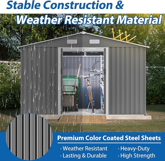 10X8 FT Outdoor Metal Storage Shed with Lockable Door & Floor Frame, Heavy-Duty Garden Tool Shed, Weatherproof Steel Utility Shed for Backyard, Patio, or Lawn Organization