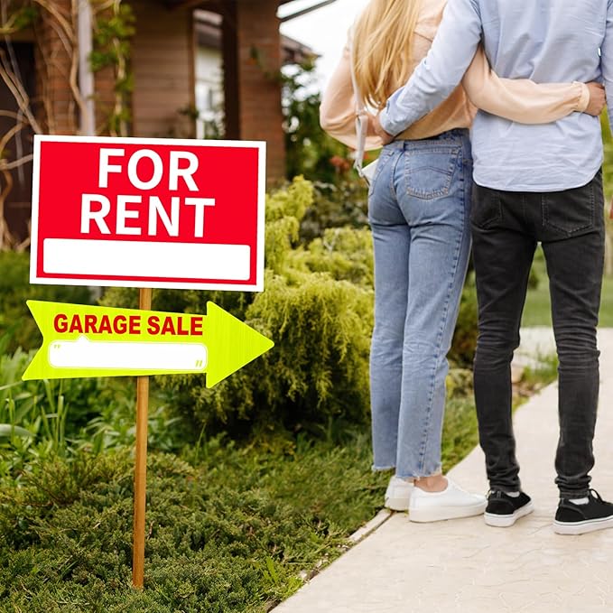 Wenqik 12 Pcs Garage Sale Signs with Stakes Double Sided Neon Arrow Signs with Stakes 17 x 6 Inches High Visibility This Way Plastic Garage Sale Decoration(Yellow and Red)