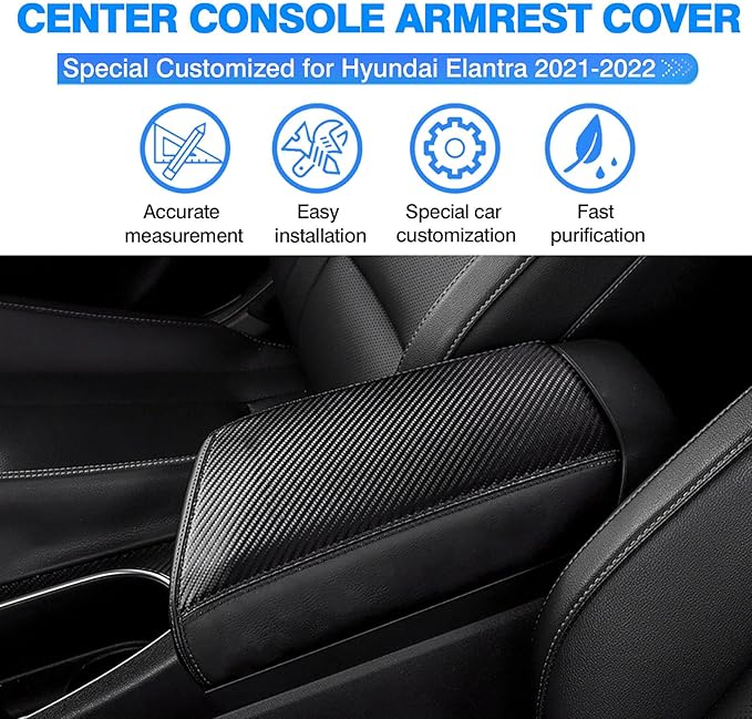 Autorder Center Console Cover for Hyundai Elantra 2021-2025 2026 Accessories Carbon Fiber Armrest Cover Anti-Scratch Leather Armrest Protector (Automatic Brake Only, Not for Handbrake)