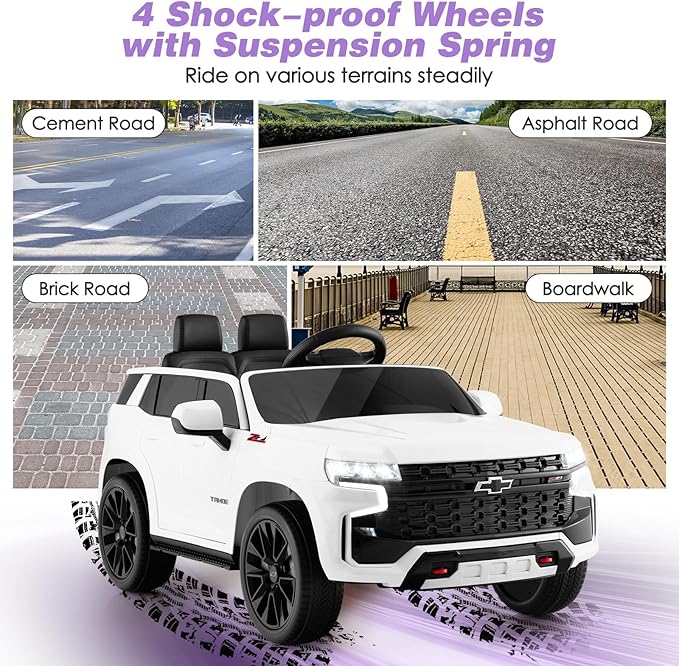HONEY JOY Ride On Truck, 12V Licensed Chevrolet Tahoe, Chevy Electric Vehicle for Kids, Soft Start, Music, Lights, Battery Powered Ride On Car Toy with Remote Control, Gift for Boys Girls (White)