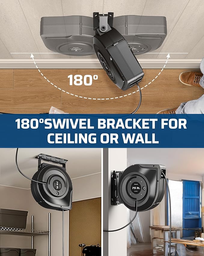 DEWENWILS 75FT Extension Cord Reel, 14/3C SJTOW Retractable Extension Cord Reel, Lighted Triple Outlets, 10A Circuit Breaker, Heavy Duty Power Cord, UL Listed, Ceiling/Wall Mount