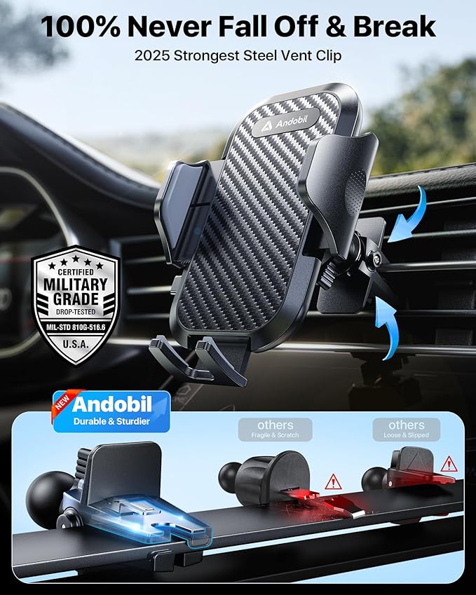 andobil Car Phone Holder, 2025 Military-Grade 85lbs Strongest Suction Phone Holders for Your Car Dashboard/Windshield/Vent Easy Clamp Cellphone Holder Truck Stand for iPhone 16 15 14 Pro Max Samsung
