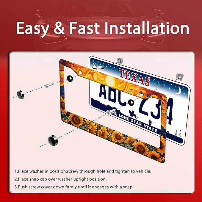 Sunflower Sun License Plate Frame Funny Yellow Flower License Plate Frames Stainless Steel Accessories Cars Decor with 2 Holes and Screws Fits Standard Us Ca Vehicles License Plate Holder 12.2 X 6 in