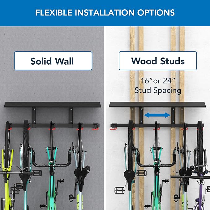 Mount-It! WheelsUp Bike Storage Rack with Shelf | Wall Mounted Garage Organizer Holds 5 Bikes | Adjustable Padded Hooks, Max Capacity 385 lbs | Space-Saving Solution