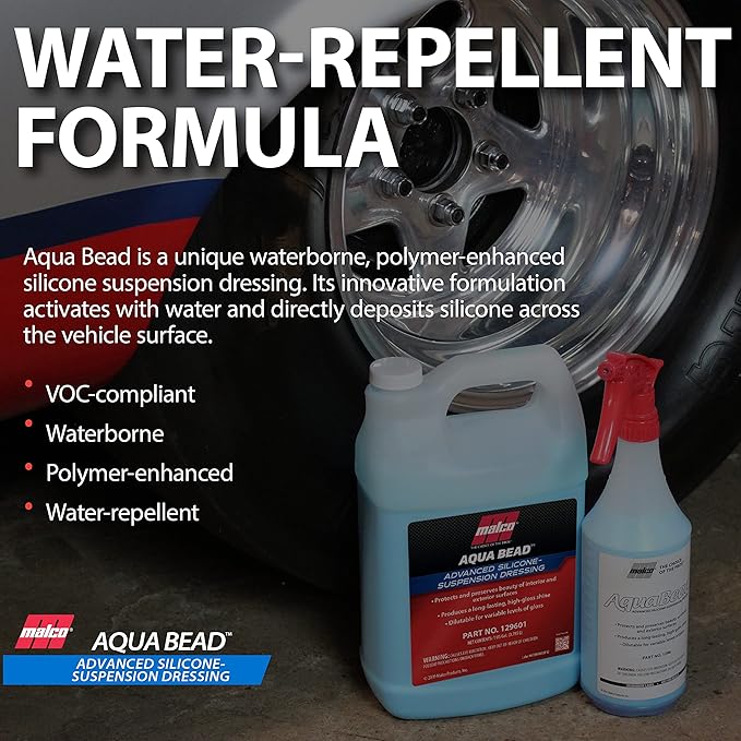 Malco Aqua Bead Water Based Dressing - Non-Greasy Interior and Exterior Dressing/Shines Car Tires, Rubber, Plastic and Trim/Concentrated Formula, Dilutable for Variable Gloss / 1 Gallon (129601)