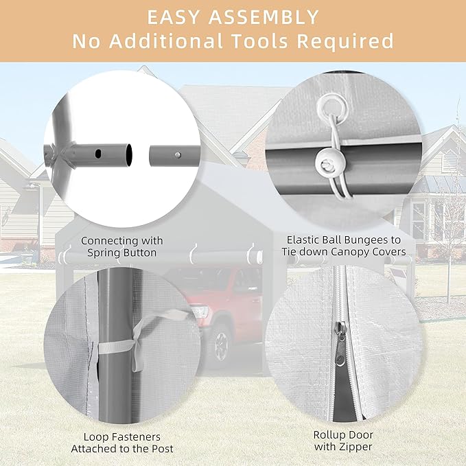 JY QAQA Carport, 12x20 FT Heavy Duty Carport with Removable Side Walls and Doors, Portable Garage with Roll-Up Window and Sandbags, Car Canopy with All-Season Tarp for Cars, Trucks, Boats, White