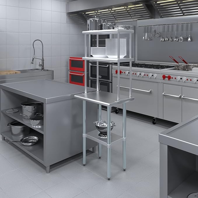 AmGood Stainless Steel Work Table Double Tier Overshelf | (18" x 24" Work Table + 12" Overshelf)