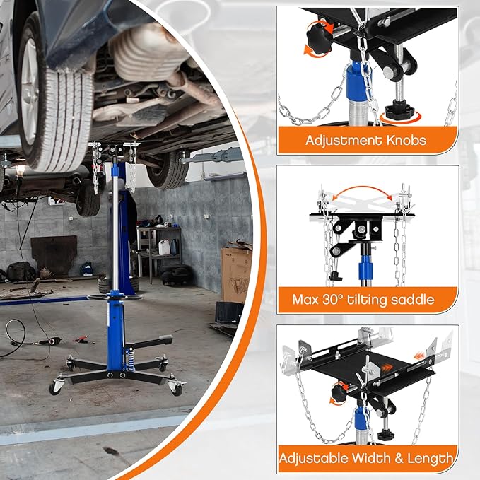Transmission Jack, 1100lbs (1/2 Ton), 2-Stage Hydraulic Telescopic Jacks, Lifts 34"-68", with Foot Pedal & 360° Swivel Wheels, Ideal for Garage and Car Lifting, Heavy-Duty, Blue