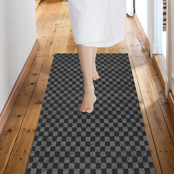Custom Size Backed Non-Slip Area Rugs Runner, Easy Clean, Waterproof Runner Rugs for Hallway Entryway, Kitchen, Laundry, 3FT x 42FT, Gray Checkered