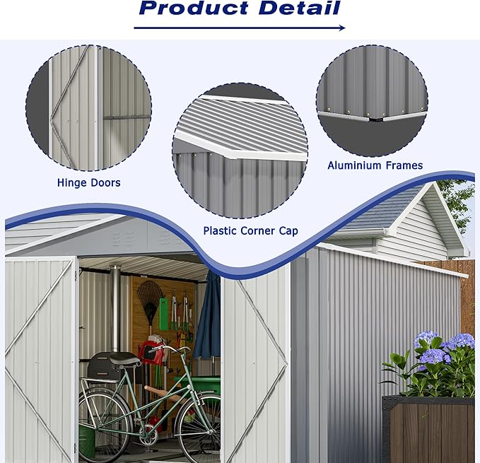 8x12 FT Outdoor Storage Shed,Metal Shed W/Floor,Garden Storage Shed W/ 1 Lockable Hinged Door,All Weather Waterproof Tool House W/ 2 Air Vents & Sloped Roof,for Backyard,Patio,Lawn,Gray