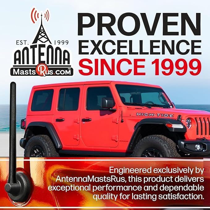 AntennaMastsRus Short Rubber Antenna for Jeep Wrangler JK/JL Gladiator (2007-2024), USA Stainless Steel Threading, The Original 6 3/4" Truck Accessory, Car Wash Proof, Internal Copper Coil