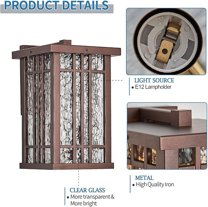 2-Light Outdoor Wall Light E26 Base Metal Frame - Brown Exterior Waterproof Lanterns with Clear Glass,Porch Wall Mount Lighting for Garage, Patio(Bulb not Included)