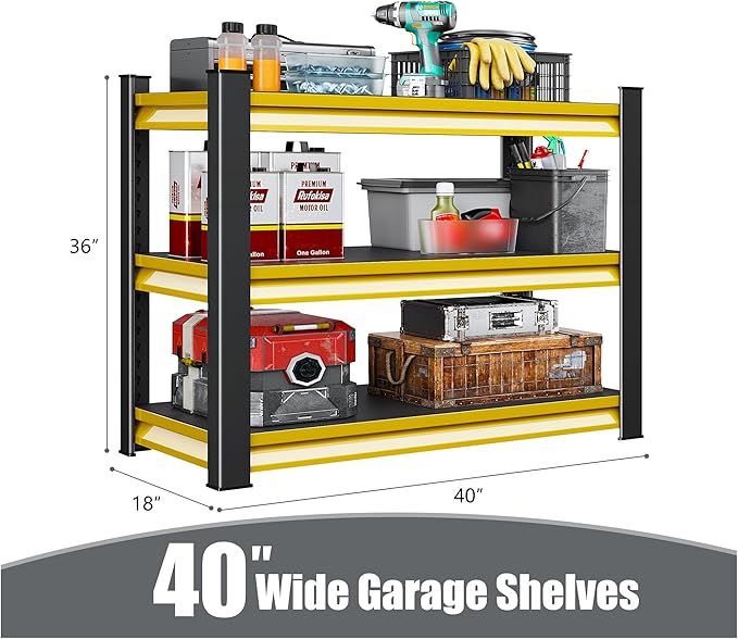 40" W Garage Shelving Heavy Duty, 1500LBS Loads Adjustable Garage Storage Shelves,3-Tier Metal Storage Racks and Shelving Units, Utility Rack Shelves,40" W x 18" D x 36" H,Yellow