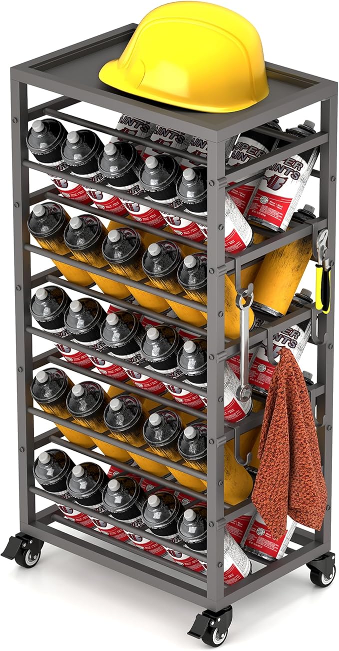50 Can Spray Paint Rack Organizer, Metal Spray Paint Can Storage Holder, Rolling Aerosol Can Cart with Storage Shelf, for Garage, Craft Workrooms