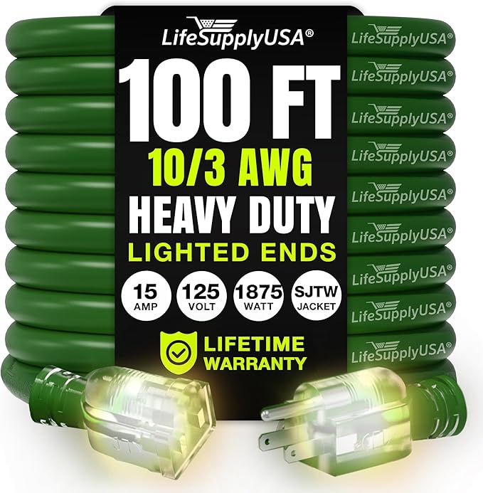 100ft Outdoor/Indoor Extension Cord 10/3 Gauge Ultra Heavy Duty 3 Prong SJTW, Waterproof, Flexible Cold-Resistant Long Power Cord,15A 125V 1875W, Green by LifeSupplyUSA