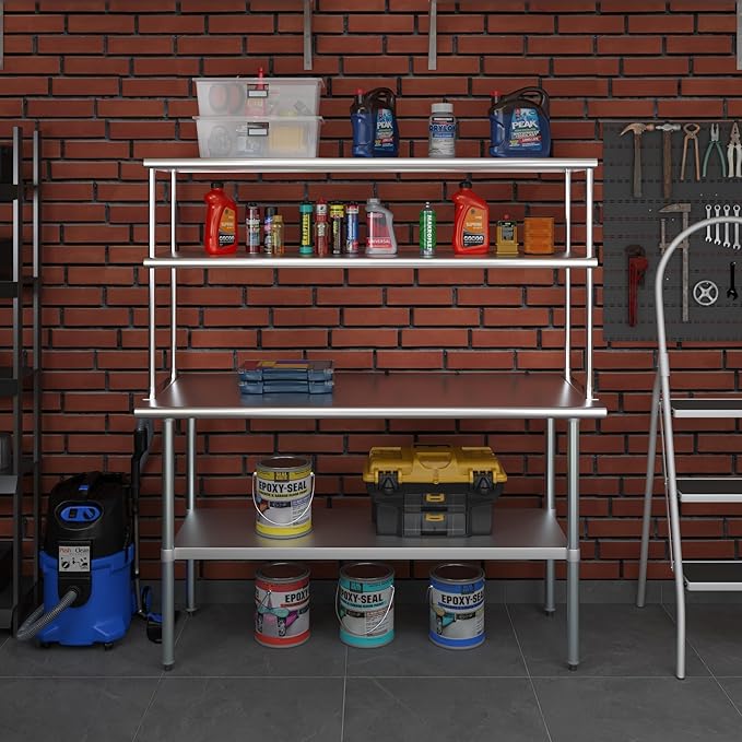 Amgood Stainless Steel Work Table Double Tier Overshelf | Metal Kitchen Prep Table & Shelving Combo (24" x 60" Work Table + 18" Overshelf)