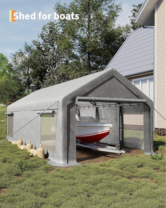 13 x 25ft Heavy-Duty Carport Canopy with Roll-Up Windows & DoorsThickened Wind Ropes, Ground Nails, Portable Car Tent Garage for Cars, Trucks, Boats, 200G Durable Tarp Cover,White