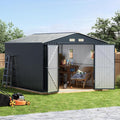 10x10 FT Outdoor Metal Storage Shed with Floor Frame, Double Swing Doors, 2 Clear Windows,Tool Shed for Garden, Patio, Backyard