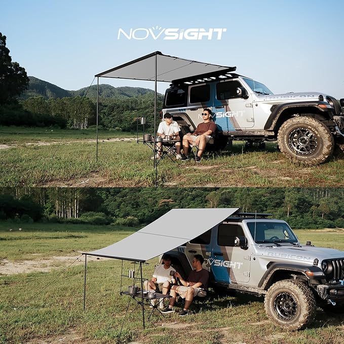 NOVSIGHT Car Side Off Road Awning 8.2 x 10ft, Waterproof Pull-Out for Camping 5000mm PU Adjustable Height Retractable Roof Rack Canopy for Travel, Forest Gray