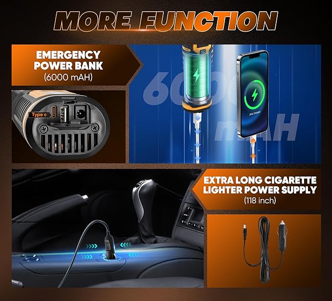 Cordless Tire Inflator for Car with 3 Light Modes and Automotive Power Cords, Electric Air Pump(Type-C) (150PSI)(6000mah Battery), Digital Air Compressor for Motorcycle, Bike, Truck and Ball