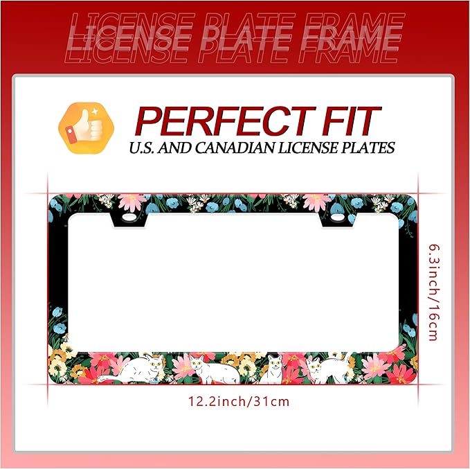 Personalized License Plate Frame Cat Flowers Stainless Steel Accessory Pet License Plate Holder Funny Car Decorative 2 Holes Screws Fits Us Standard License Plates 12.2 X 6.3 in for Men Women