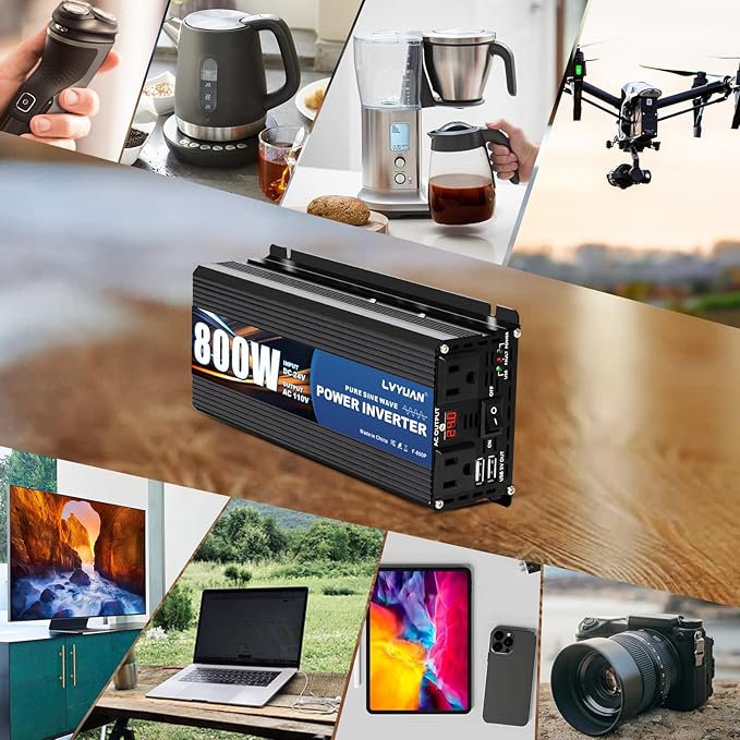 LVYUAN 800 Watt Pure Sine Wave Power Inverter 24V to 110V/120V DC to AC Converter with Dual Sockets, Dual USB Ports, LED Display for Home Outdoor RV Car Power Inverter Power Adapter