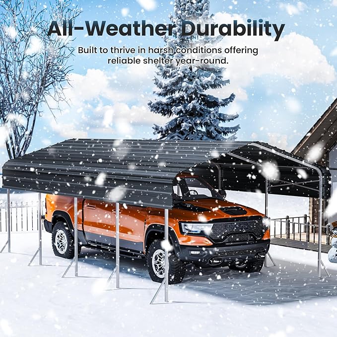 12x20ft Heavy Duty Metal Carport – Outdoor Galvanized Garage, Sturdy Structure, All-Weather Protection, Easy Assembly for Cars, Trucks, Boats, Tractors, and Outdoor Storage (Grey, 12x20FT)