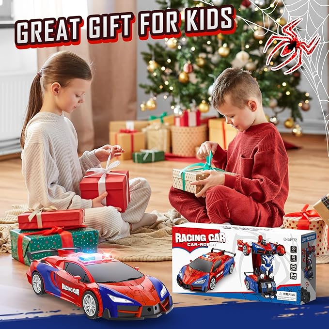 Remote Control Car for Boys 4-7, 2.4GHz RC Car 1:18 Scale, One-Button Transforming Toy with 360° Spins, LED Lights