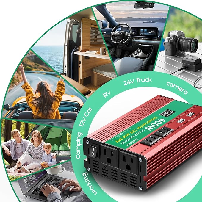 400W Power Inverter, DC 12V/24V to 110V AC Car Inverter for Truck, Home, Vehicles, Laptop, Trip
