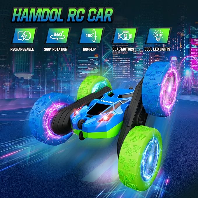 Remote Control Car for Kids RC Stunt Cars with Cool Wheel Lights 360° Rotating Boys Toys for Ages 6 7 8 9 10-12 Kids Gift Ideal(Blue&Green)