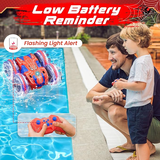 ZIZZ Amphibious Remote Control Car: 4WD Waterproof RC Car 2.4 GHz Remote Control Boat for Kid, Spider Double Sided 360° Rotating RC Stunt with LED Light, Boy Girl Gift All Terrain Water Beach Pool Toy