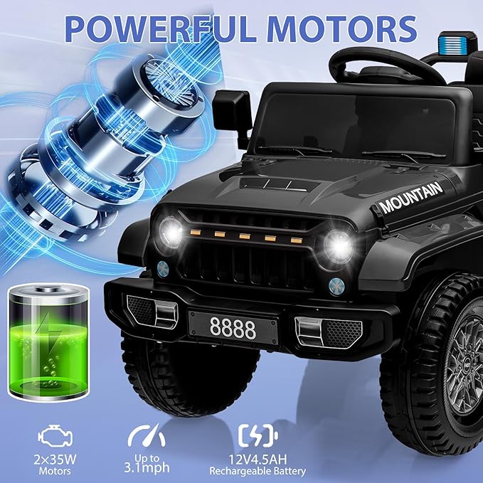 12V Kids Ride on Truck Car, 4 Wheeler Electric Vehicles with Remote Control, Spring Suspension, 3 Speeds, LED Lights, Music, MP3, Battery Powered Ride on Toy Gift for Boys Girls, Black