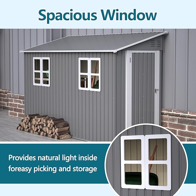 4 x 10 FT Metal Outdoor Storage Shed with Foundation and 2 Windows, Lean to Storage Sheds w/Lockable Door & Air Vents, All Weather Waterproof Garden Tool House for Backyard, Patio, Lawn, Gray