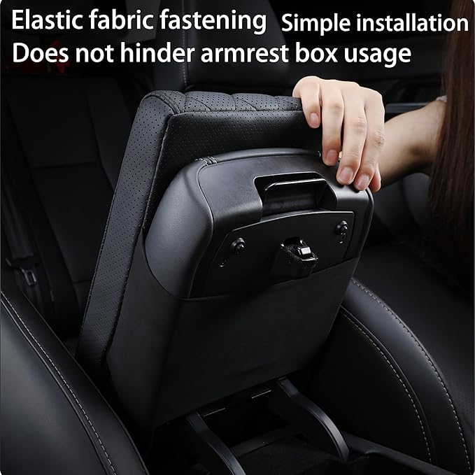 Car Center Console Cover pad Genuine Cowhide Leather,Black Armrest Box mat, Vehicle Arm Rest Cushion Protector,Memory Foam true cow Leather (sizeB 14 x 8 x 2.2 inch(midsize cars and SUVs)