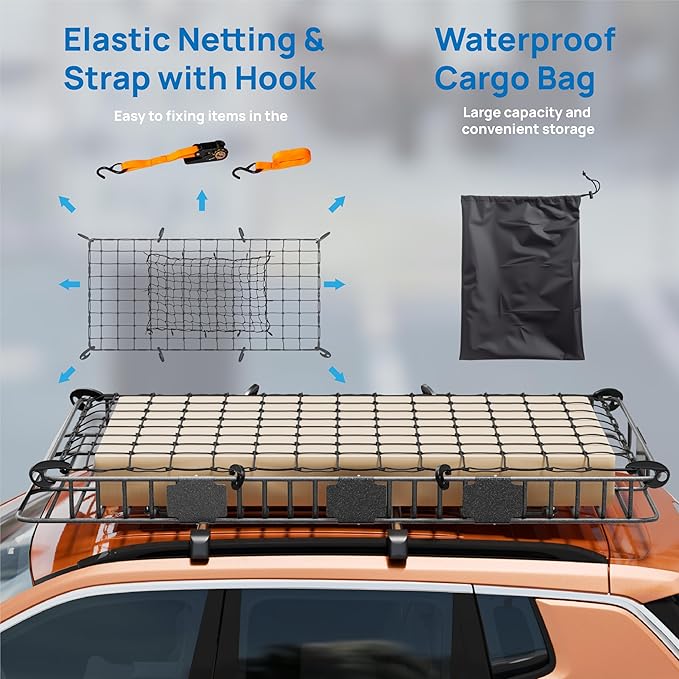 TUFFIOM 84"x 39"x 6" Universal Rooftop Cargo Carrier Basket, Extendable Steel Roof Rack Basket w/Net+Storage Bag+Pedal+Straps, Heavy Duty Car Top Rack Luggage Holder Carrier for SUV Car Truck Van