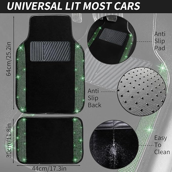 NBTEPEM Bling Car Floor Mats Full Set, Universal Fit Most Cars,SUV, Trucks, 4 pcs Sparkle Glitter Diamond Carpet for Women Girls with Anti-Slip Pad (Green Diamond)
