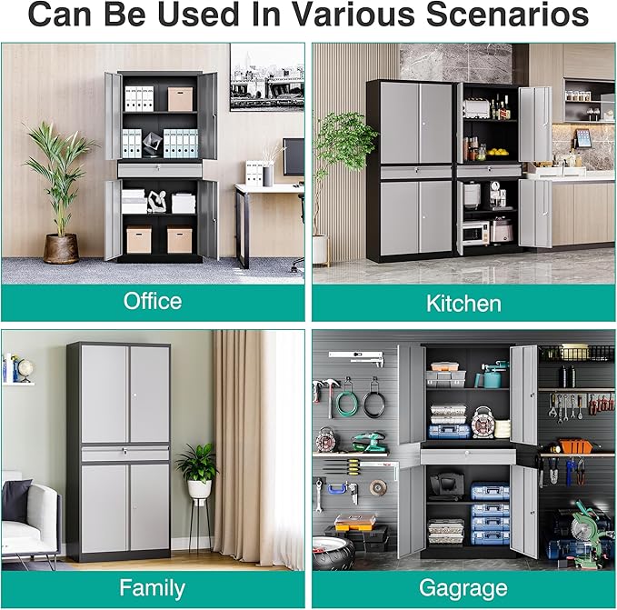 Metal Garage Storage Cabinet with Doors and Shelves, Lock, Drawer - 71" Lockable Steel Cabinet for Home, Office