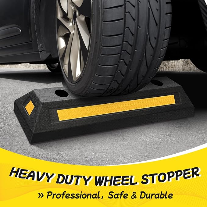 Car Parking Stopper – 2PCs Heavy Duty Rubber Curb Car Stop for Garage and Driveway, Parking Aid, 18” Tire Wheel Stop for Cars, Vans, Trucks – Prevents Hitting Wall or Barrier – Easy Installation