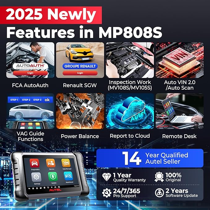 Autel MaxiPRO MP808S Scanner, 2025 2-Year Update MP808S Up of MaxiSys MS906BT MaxiCOM MK900BT MK900 MX900 MP808BT, ECU Coding as MS906 PRO/MAX MP900BT, 3k+ Active Tests, 30+ Resets, FCA SGW, OS 11