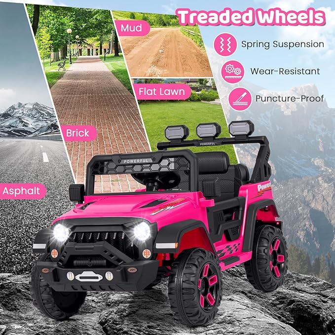 Costzon Kids Ride on Truck, 12V Electric Ride on Car with Remote Control, 3 Speed & Spring Suspension, Wireless Connection, USB, Music, Light, Kids Ride on Toys for Boys Girls (Pink)