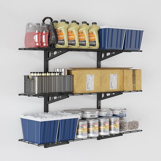 FLEXIMOUNTS 3 Tier 1x4ft Garage Storage Wall Shelving, 12x48inch per Shelf Height Adjustable Floating Shelves, 450lbs Total Weight Capacity, Black