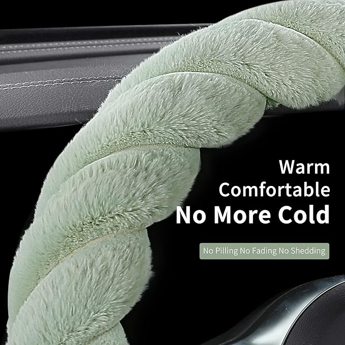 Luxury Fluffy Winter Car Steering Wheel Cover for Women Soft Warm Plush Cute Auto Accessories for Vehicle, Sedan, Universal, Fuzzy, Anti Slip, Green, Standard Size, 14.75-15.15"