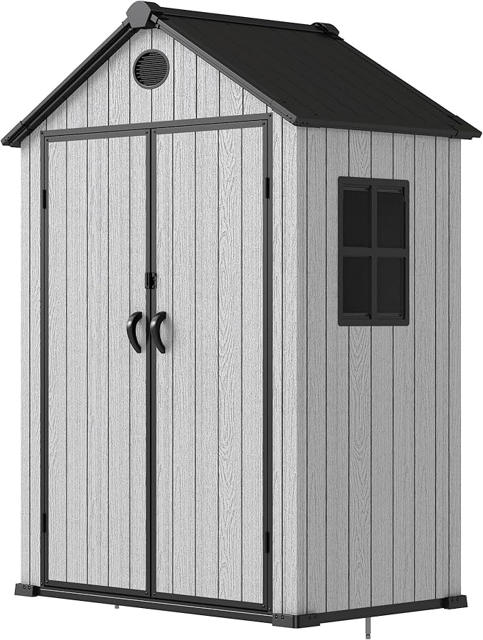 5.3x3.4 FT Resin Outdoor Storage Shed, 135 Cuft Garden Tool Sheds & Outdoor Storage Plastic Shed with Floor, 7FT Tall Backyard Outside Lawn Mower Storage Shed with Side Window, Cemented Grey