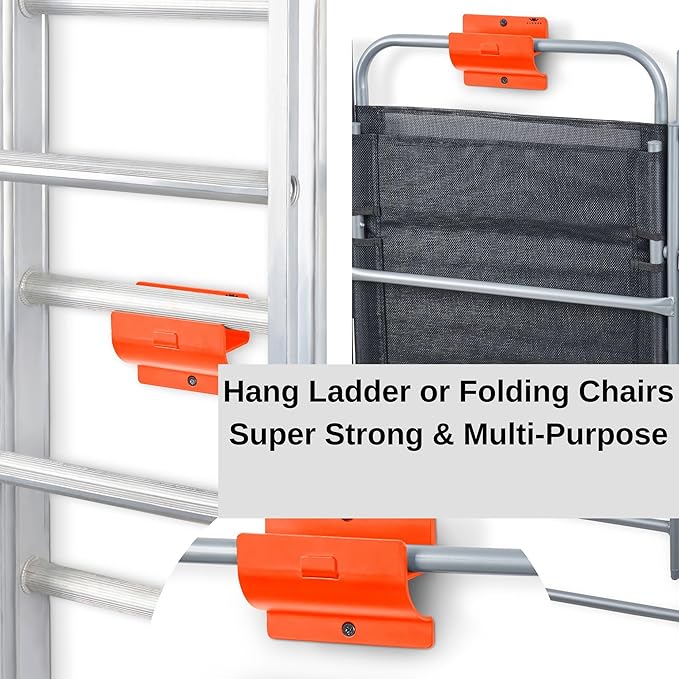 Ladder Hangers for Garage Wall Set of 2 Hooks- Orange Step Stool Hanger Wall Mount. Tool Holder for Shed, Workshop, Garden - Hang Wheelbarrow, Folding Chair
