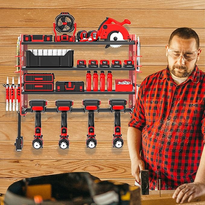 Power Tool Organizer Wall Mount, Red Metal Power Tool Storage Rack with Screwdriver Holder, Garage Tool Storage Shelves with Screwdriver Holder Plier Holder (Red, 4 Drills Holder)