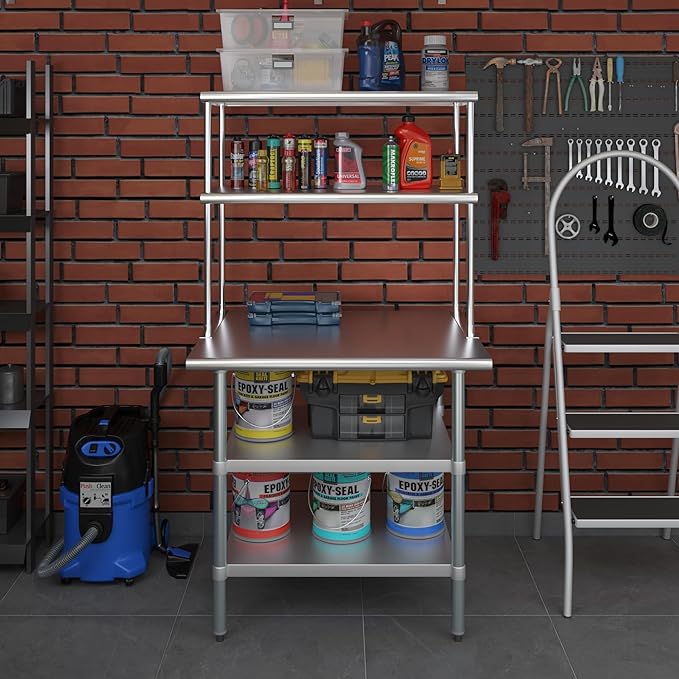 Amgood Stainless Steel Work Table with 2 Shelves | Metal Kitchen Prep Table & Shelving Combo (30" x 36" Table with 2 Shelves + 18" Overshelf)