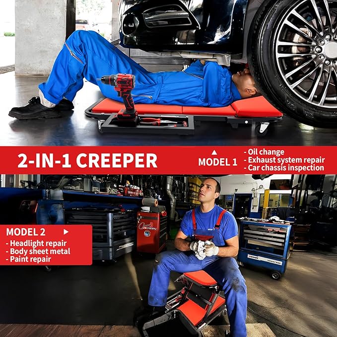 Mechanic Creeper 40 inches 2-in-1 Mode Z Seat with Tool Tray, 480lbs Capacity, Foldable Garage Adjustable Rolling with 6pcs Roller, Lay Down Sit Lean Back, Under Car Auto Repair Men Gift, Red